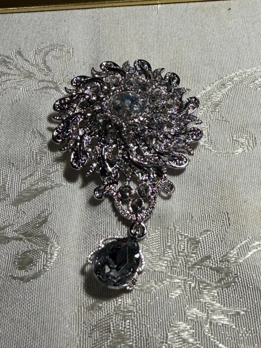 Silver-Tone Rhinestone Teardrop Dangle Brooch